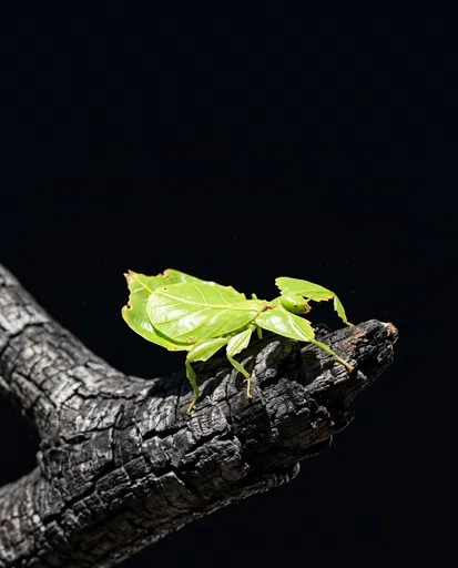 Green Leaf Insect on Charred Branch