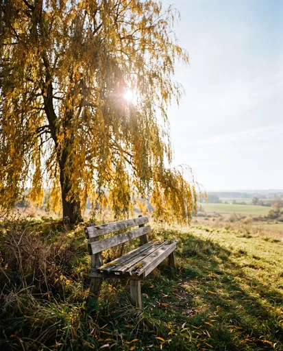 Weathered Wooden Bench Under Golden Willow