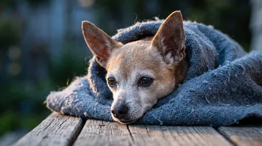 Senior Chihuahua Wrapped in Blue Blanket