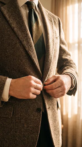 Man Buttoning Brown Herringbone Suit Jacket