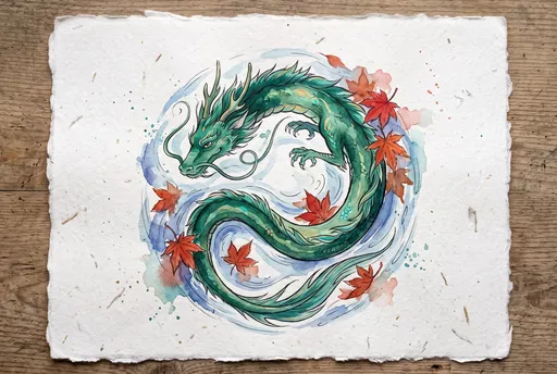 Watercolor Green Dragon on Handmade Paper
