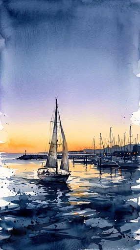 Watercolor Sailboat Entering Marina at Dusk