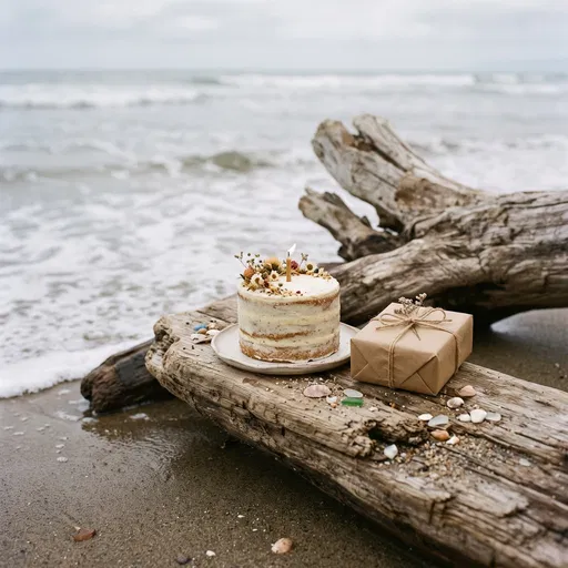 Rustic Birthday Cake and Gift on Driftwood