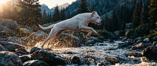 White Dog Leaping Over Mountain Stream