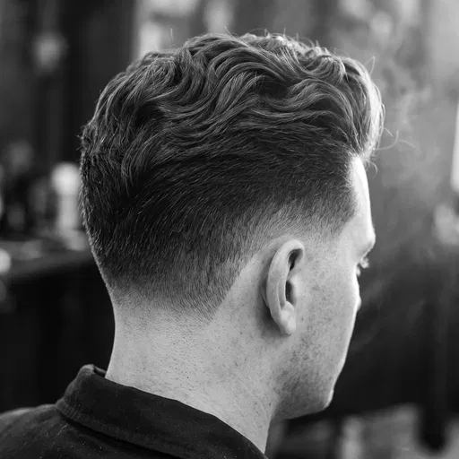 Monochrome Rear View of Men's Drop Fade