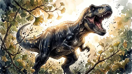 Watercolor Tyrannosaurus Rex In Ginkgo Forest