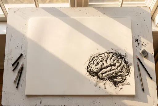Charcoal Brain Sketch on Drafting Table