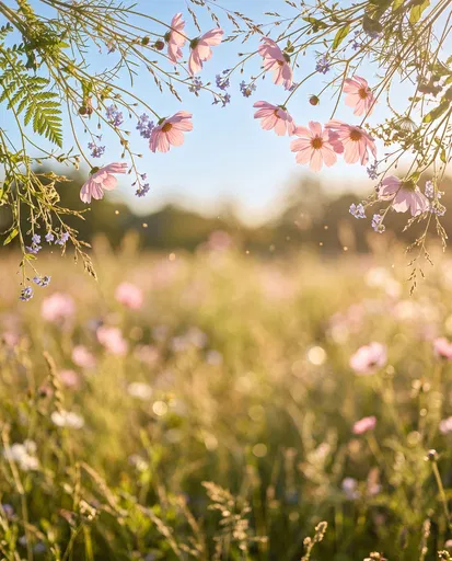 Sunlit Pink Cosmos Floral Meadow Frame