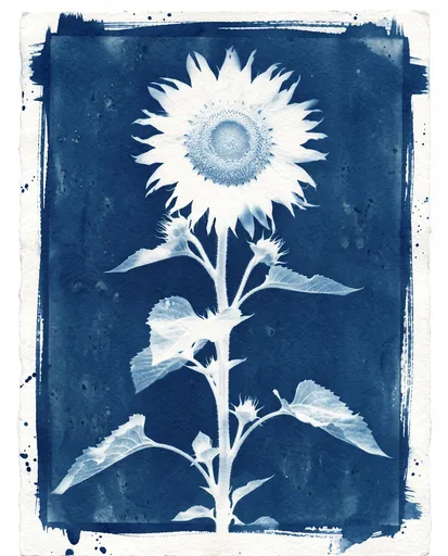 Cyanotype Botanical Sunflower Print on Paper