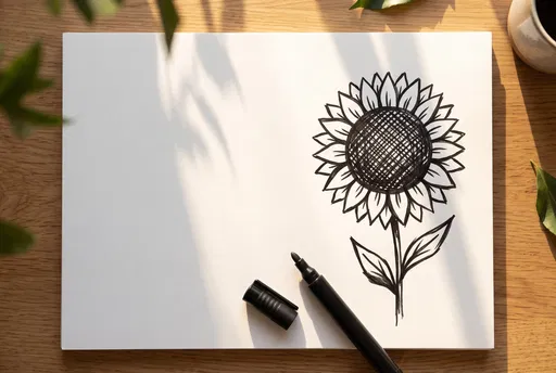 Black Marker Sunflower Sketch on Drawing Pad