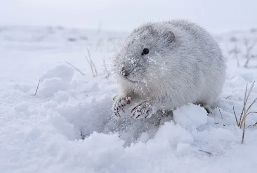 White Lemming Digging in Winter Snow