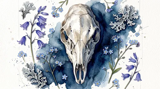 Watercolor Doe Skull With Blue Wildflowers