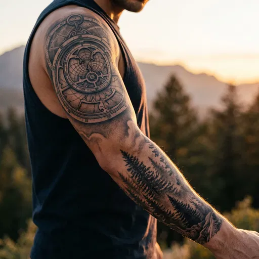 Man With Astrolabe and Forest Arm Tattoo