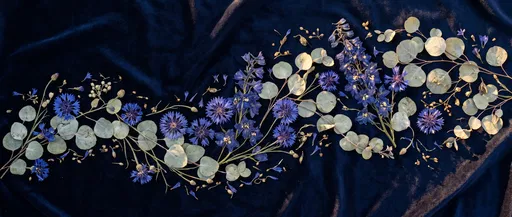 Blue Flowers and Eucalyptus on Velvet