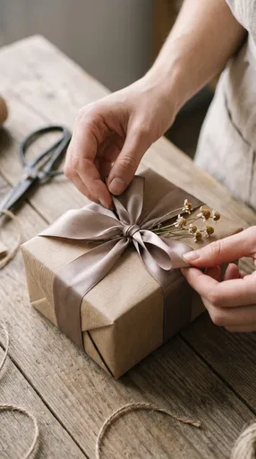 Hands Tying Ribbon on Kraft Gift Box