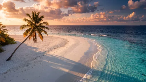 Leaning Palm Tree on Tropical Sunset Beach