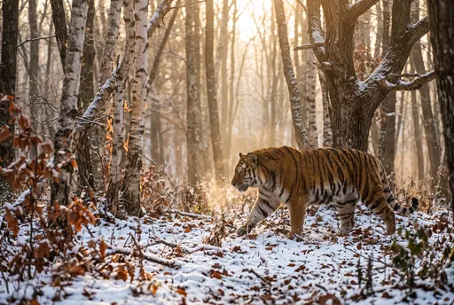 Siberian Tiger Walking in Snowy Forest