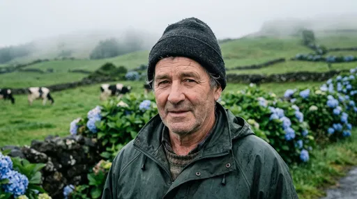 Azorean Dairy Farmer in Misty Pastures