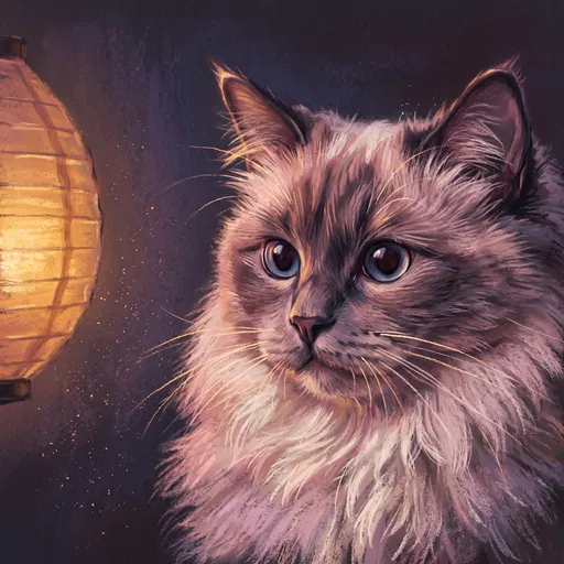 Pastel Drawing of Cat Near Lantern