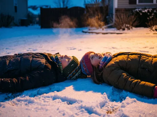 Siblings Lying in Snow at Dusk