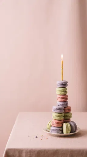Pastel Macaron Tower With Lit Birthday Candle