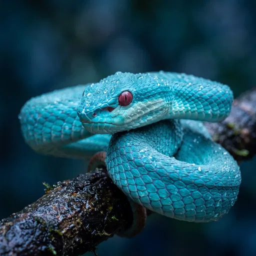 Blue Pit Viper Coiled on Wet Branch