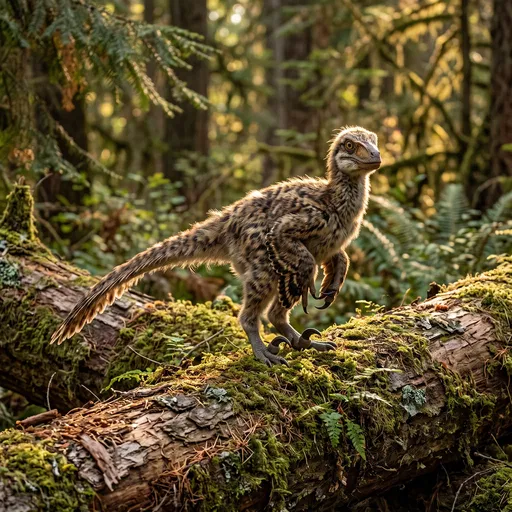 Feathered Juvenile Raptor on Mossy Log