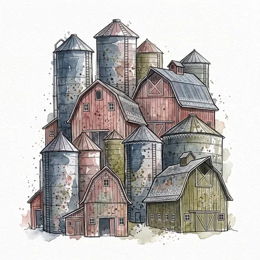 Watercolor Illustration of Rural Barns and Silos