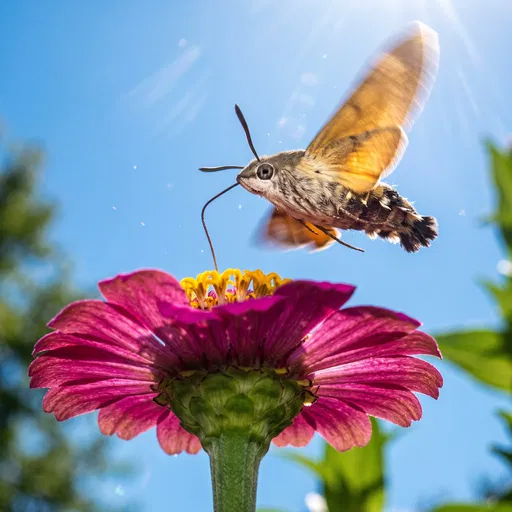 Hummingbird Hawk-Moth Feeding on Magenta Zinnia