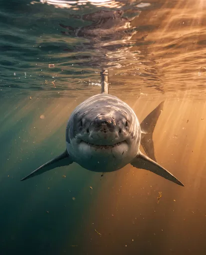 Great White Shark in Golden Underwater Light