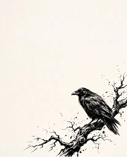 India Ink Drawing of Perched Raven