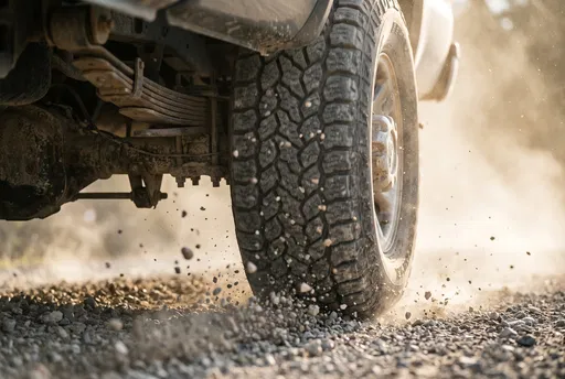 Truck Tire and Suspension Kicking Up Gravel