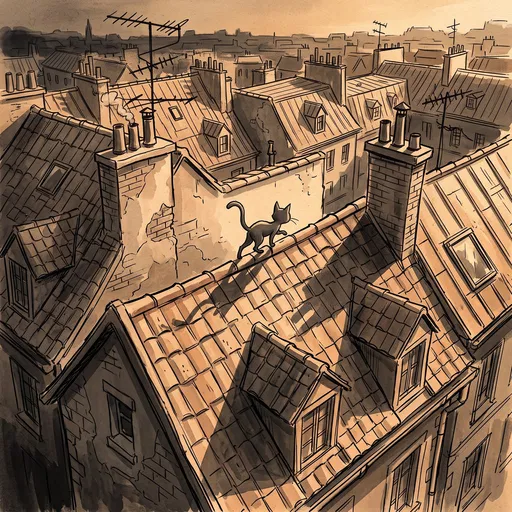 Cartoon Cat on Sepia European Rooftops