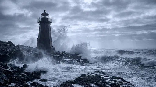 Historic Lighthouse on Stormy Rocky Coast