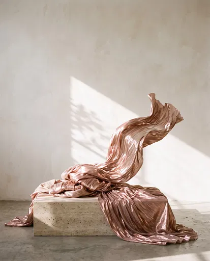Sculptural Rose Gold Fabric on Travertine Block