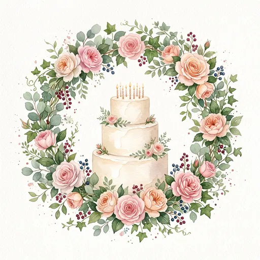 Watercolor Floral Wreath and Tiered Birthday Cake