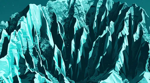 Teal Monochrome Tropical Volcanic Cliffs Illustration