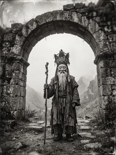 Masked Ritual Elder Under Stone Arch
