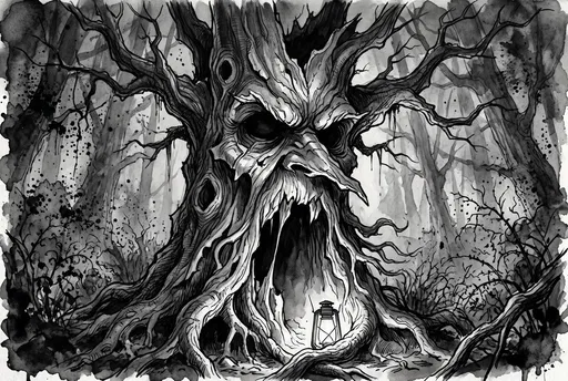 Monochrome Spooky Tree Ink Illustration