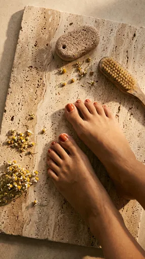 Pedicured Feet on Travertine Spa Stone