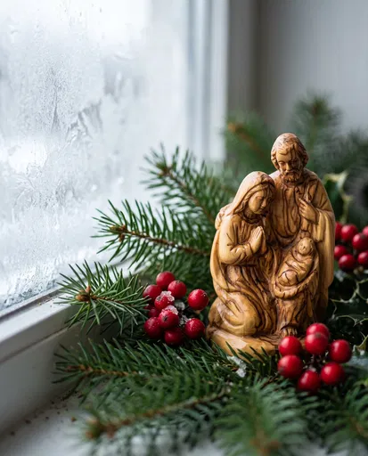 Wooden Nativity Figurine by Frosted Window
