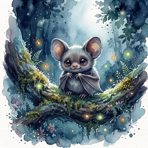 Cute Watercolor Bat on Mossy Branch