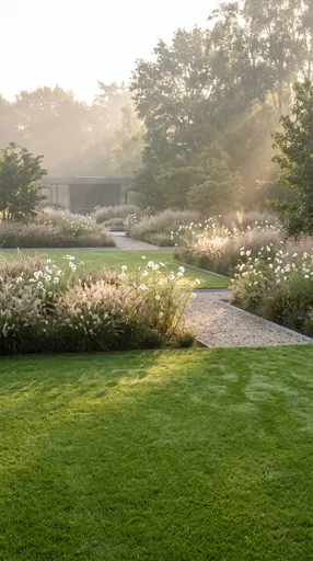 Sunlit Modern Garden With Green Lawn