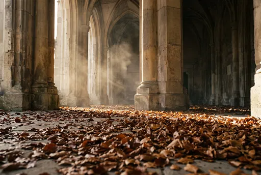 Sunlit Gothic Colonnade with Autumn Leaves