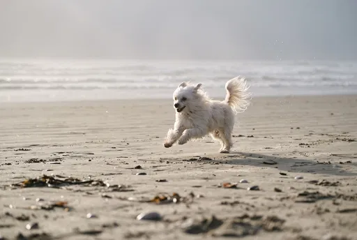 Small White Dog Running on Sandy Beach