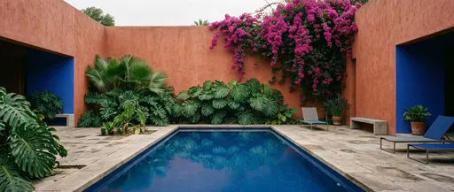Modernist Terracotta Courtyard with Blue Pool