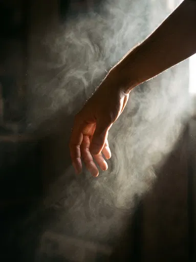 Hand Reaching Through Smoky Light Beam