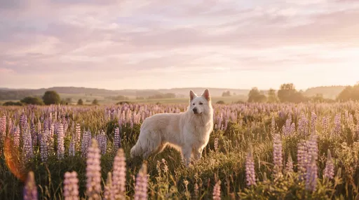 White Shepherd Dog in Lupine Meadow