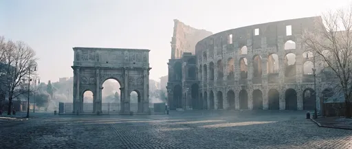 Colosseum and Arch on Misty Morning