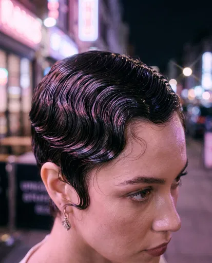 Woman With Glossy Finger-Wave Pixie Cut